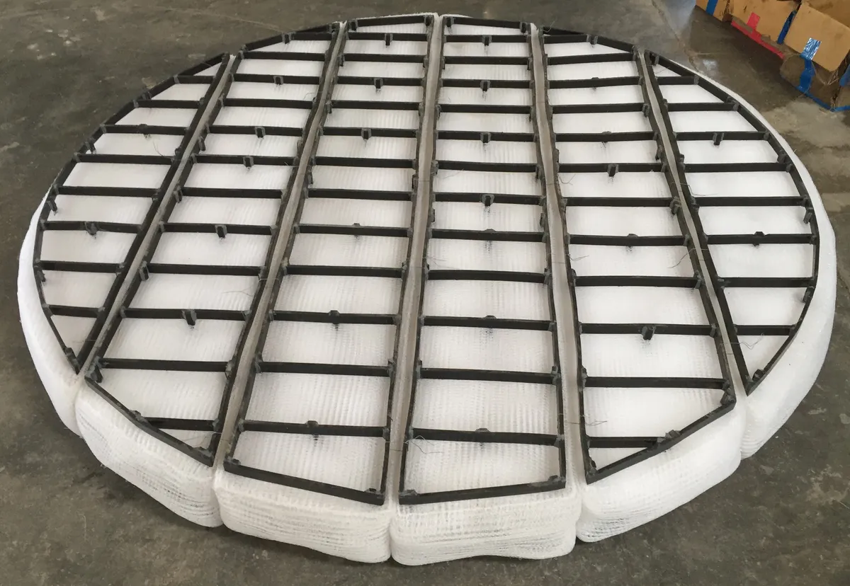 Sectional mist-eliminator assembly with support grids.